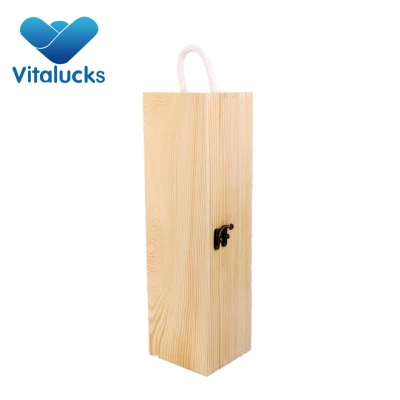 Hot selling one bottle 750ml pine luxury wine box hinged lid with rope handle