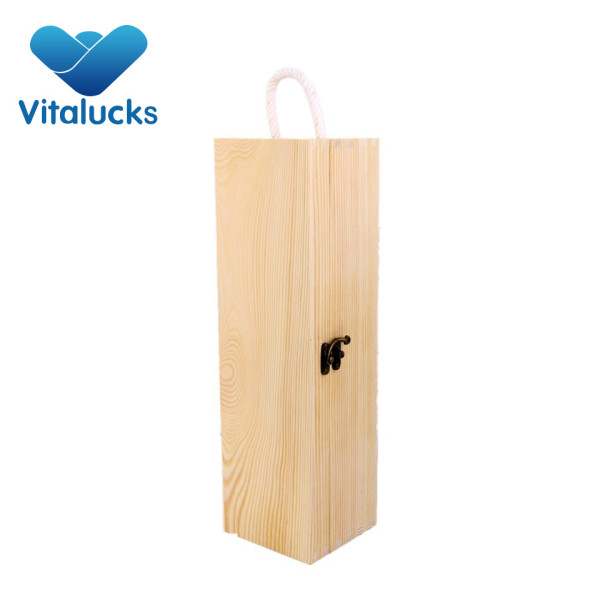Hot selling one bottle 750ml pine luxury wine box hinged lid with rope handle