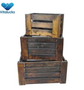 Nesting wood crates 3 sizes dark brown pine solid wood for decoration