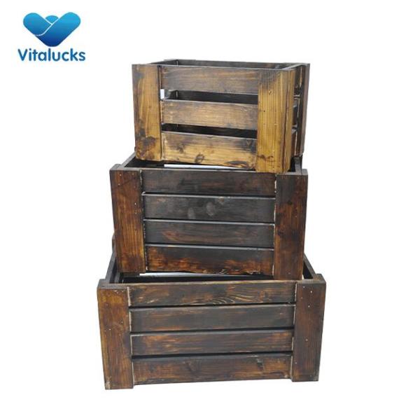 Nesting wood crates 3 sizes dark brown pine solid wood for decoration