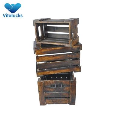 Nesting wood crates 3 sizes dark brown pine solid wood for decoration