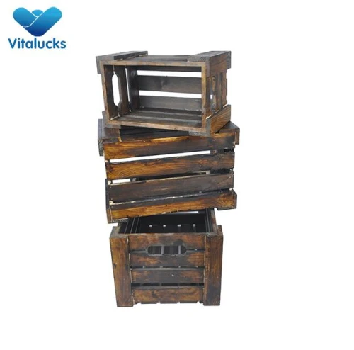 Nesting wood crates 3 sizes dark brown pine solid wood for decoration