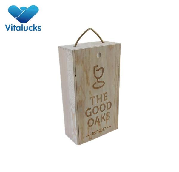 Unfinished wooden wine box with engraving laser logo and rope handle for 2 bottle