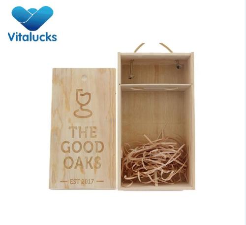Unfinished wooden wine box with engraving laser logo and rope handle for 2 bottle