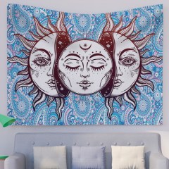 Blue Sun and Moon Tapestry Burning Sun with Star Tapestry Psychedelic Tapestry Blue and Gold Mystic Tapestry Wall Hanging for drop shipping