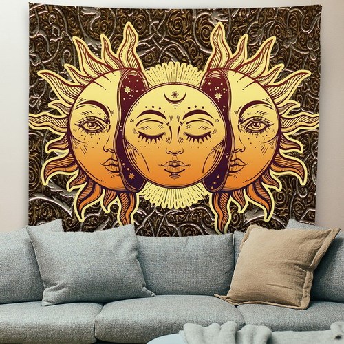Sun and Moon Tapestry Burning Sun with Star Tapestry Psychedelic Tapestry Blue and Gold Mystic Tapestry Wall Hanging for drop shipping
