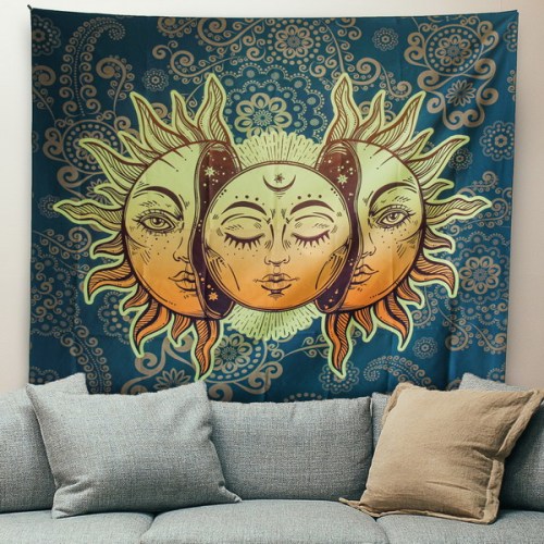Sinonarui BLEUM CADE Psychedelic Tapestry Indian Moon and Sun with Many Fractal Faces Tapestry Celestial Energy Mystic Tapestries Wall Hanging Tapestry for Bedroom Living Room Dorm