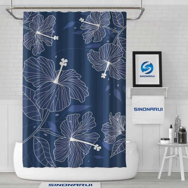 Sinonarui Dark Blue Flowers Shower Fashion Shower Curtain Home Decor