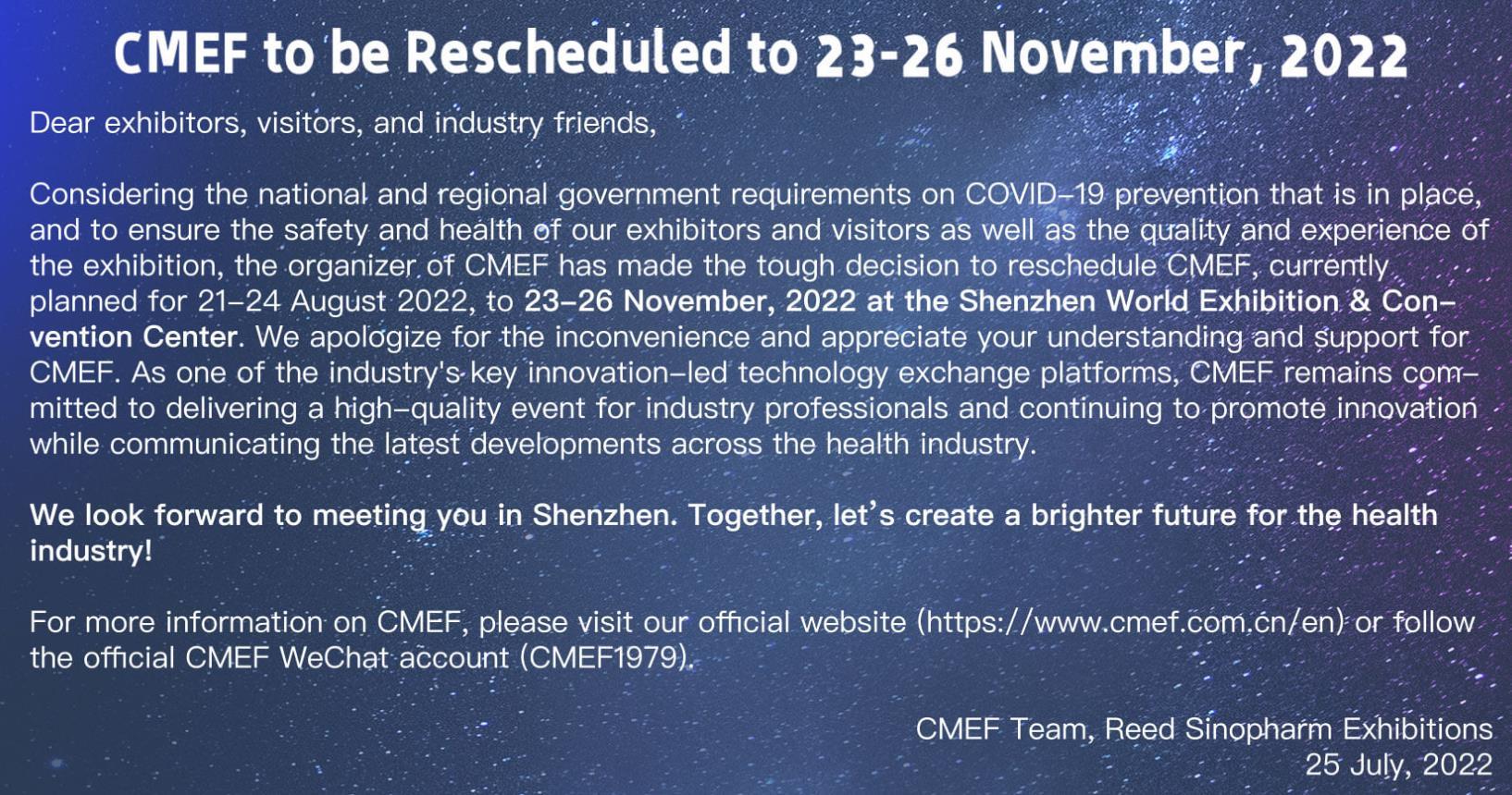 CMEF to be Rescheduled to 23-26 November, 2022