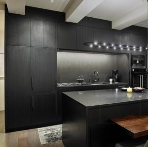 Forme unidades modernas de gabinetes de cocina negros con fregadero