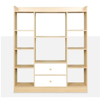 Tall modern open bookshelf with cabinet design