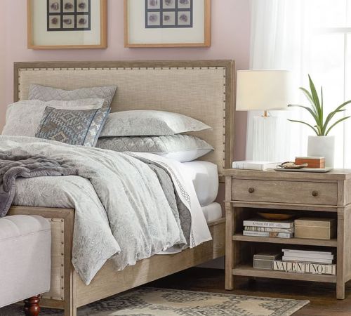 Juego de cama de tela con estructura de madera maciza lacada
