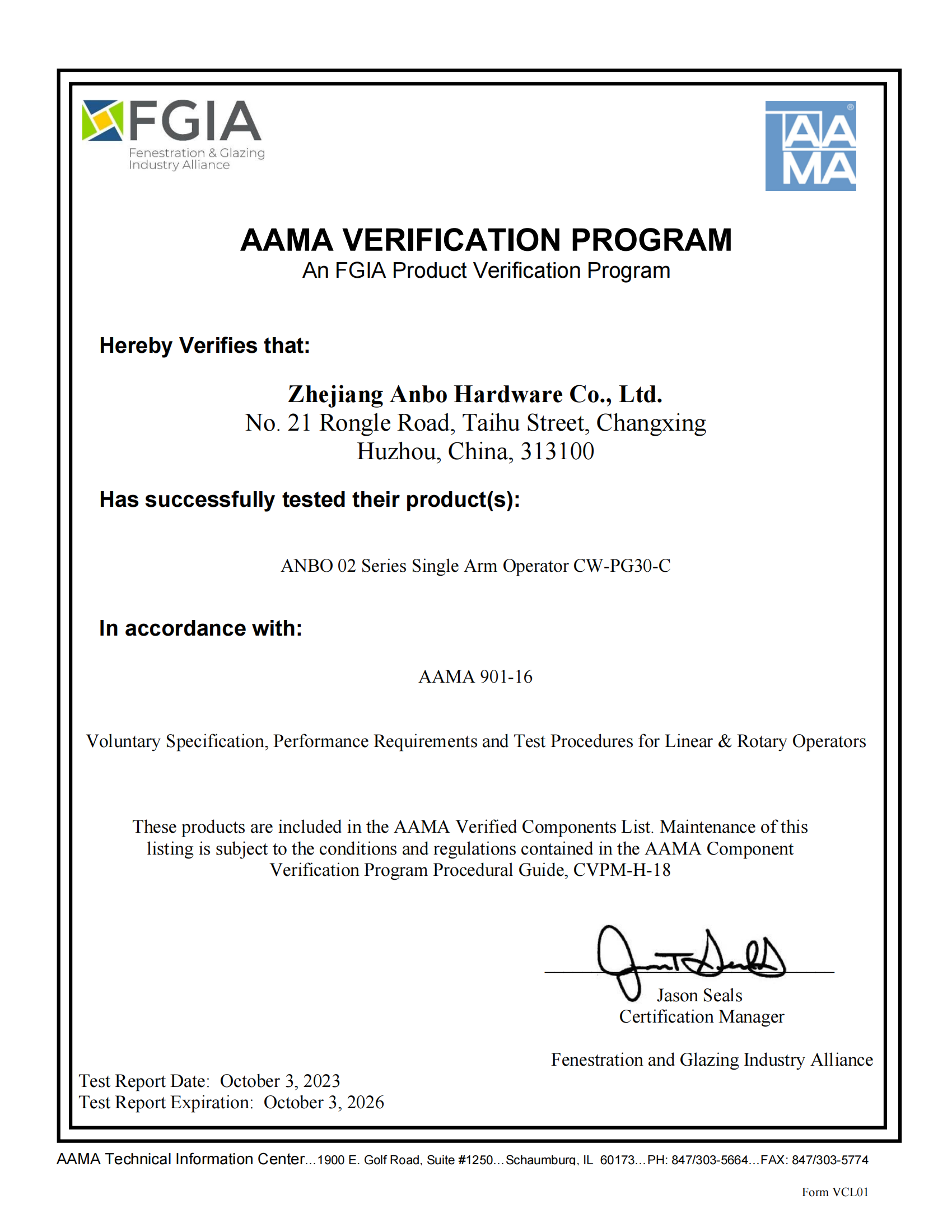 Successful Certification of Our Company's American Crank Openers through AAMA Verification Program