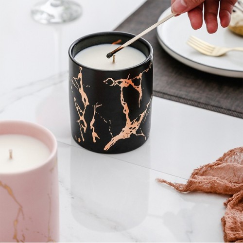 Wholesale Nordic popular home decoration luxury gold grain marble ceramic candle jar with lids