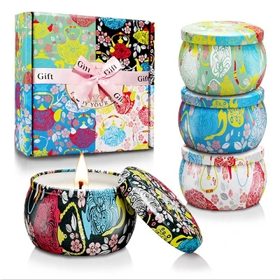 Hot European candle gift sets Custom retro patterns travel metal jar scented candle tin