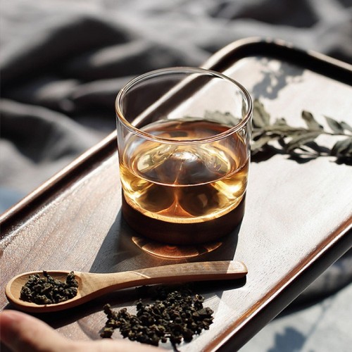 New Arrival 120ml Tea or Whisky Borosilicate Glass Drinking Cup With Wooden Tray