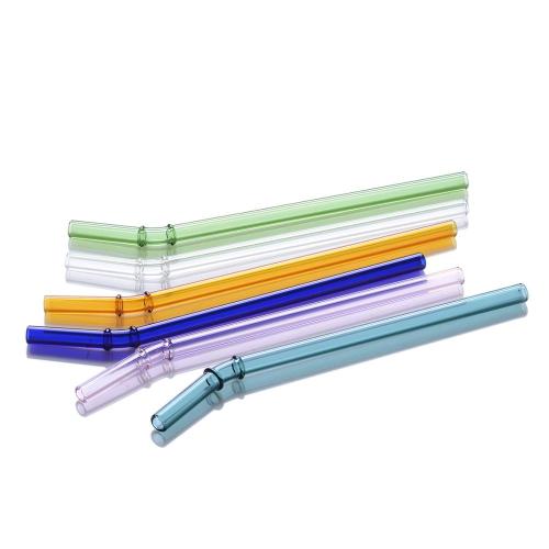OD 8mm x L 19.5cm Bent Bamboo Joint Design Colored Reusable Borosilicate Glass Drinking Straws with brush