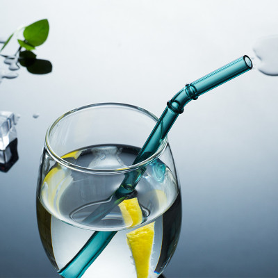 OD 8mm x L 19.5cm Bent Bamboo Joint Design Colored Reusable Borosilicate Glass Drinking Straws with brush