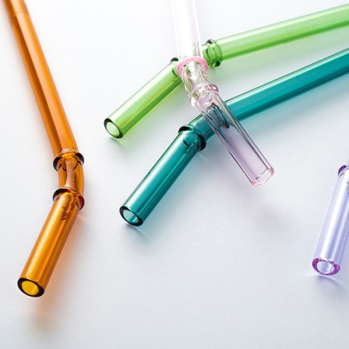OD 8mm x L 19.5cm Bent Bamboo Joint Design Colored Reusable Borosilicate Glass Drinking Straws with brush