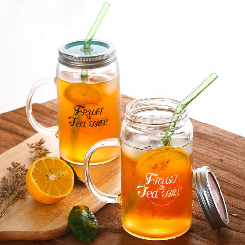 Handmade Heat Resistant Borosilicate Glass Mason Drinking Jar Glass Drinking Mug with Lid and Glass Drinking Straws