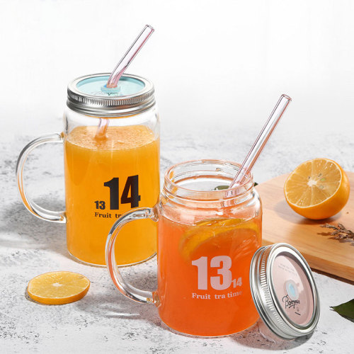 Handmade Heat Resistant Borosilicate Glass Mason Drinking Jar Glass Drinking Mug with Lid and Glass Drinking Straws