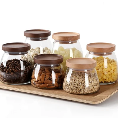 500ml 750ml 1000ml Airtight Handmade Borosilicate Glass Food Storage Jar Canister With Oak Walnut Wood Lid