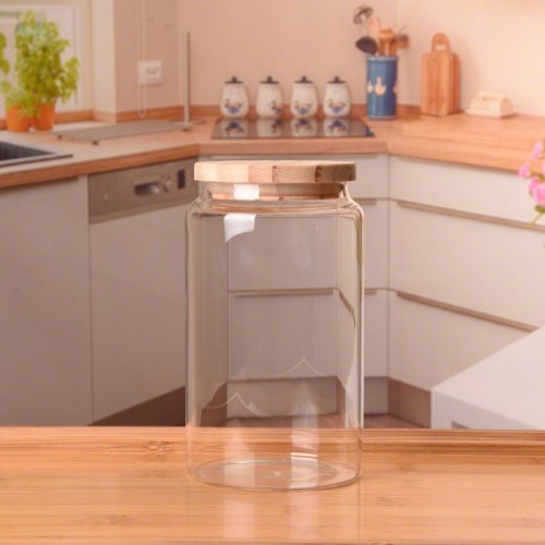 500ml 750ml 1000ml Wholesale Mouth-blown Borosilicate Glass Food Storage Jar With Oak Wooden Lid