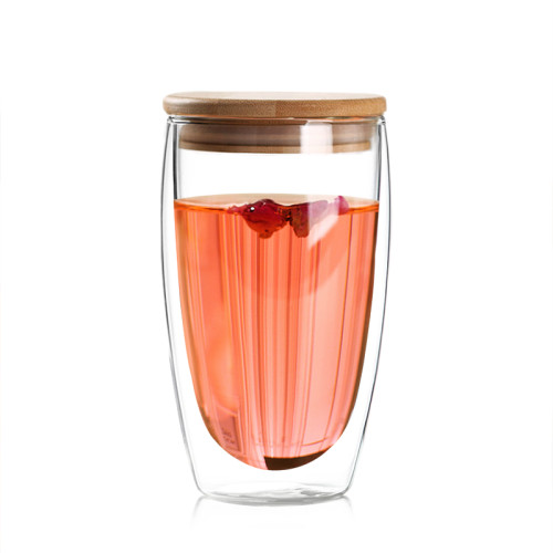 250ml 350ml 450ml Handmade Double Wall Glass Cup with Bamboo Lid