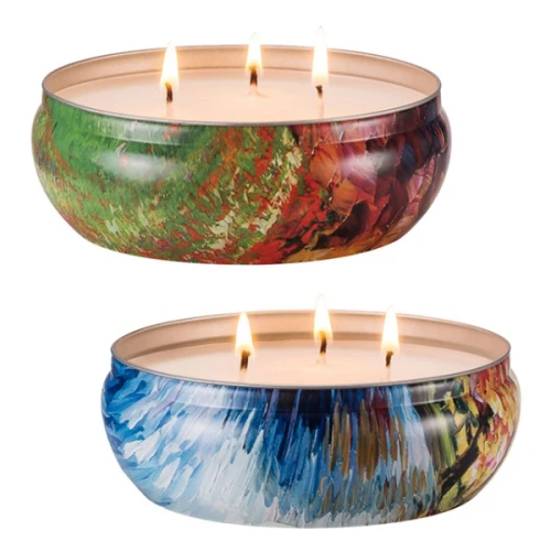 Wholesale 3 wicks luxury scented soy customized candle in colorful tin jar with folding box
