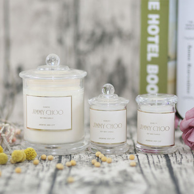 Luxury three wicks scented soy candle in clear glass jar with gift box