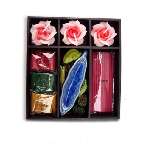 Red heart shaped candles and incense cones and sticks for gift set