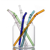 OD 8mm x L 19.5cm Bent Bamboo Joint Design Colored Reusable Borosilicate Glass Drinking Straws with brush