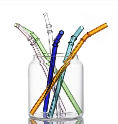 OD 8mm x L 19.5cm Bent Bamboo Joint Design Colored Reusable Borosilicate Glass Drinking Straws with brush