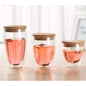 250ml 350ml 450ml Handmade Double Wall Glass Cup with Bamboo Lid