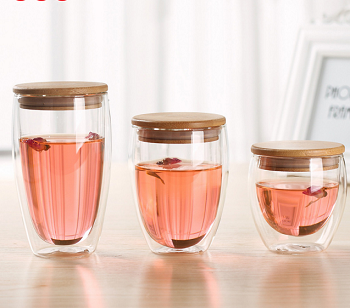 250ml 350ml 450ml Handmade Double Wall Glass Cup with Bamboo Lid
