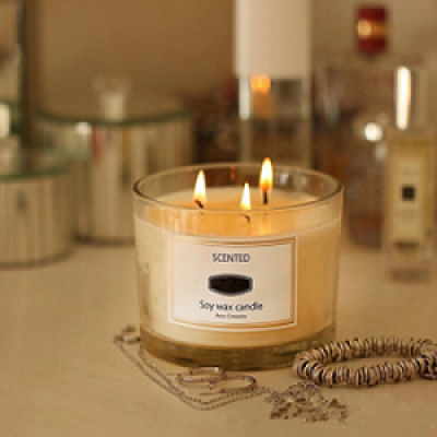 Decorative wholesale wedding fancy luxury three wick white glass jar candle with wooden box