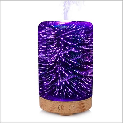 3D Glass Sky Projection Flashing Light Fireworks Colorful Ultrasonic Essential Oil Diffuser Wooden Grain Base