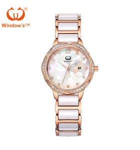 Customized Luxury Rose Golden Ceramic Quartz Watch for Women
