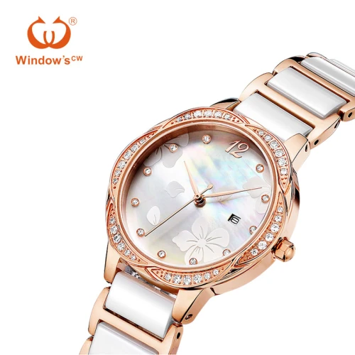 Customized Luxury Rose Golden Ceramic Quartz Watch for Women customized women watch