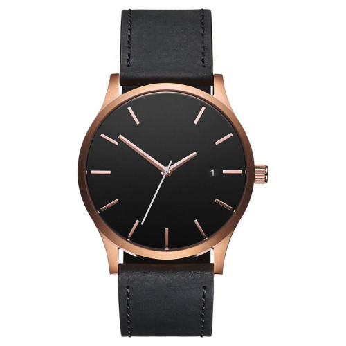 Relógio de pulso traseiro minimalista em couro preto clássico em couro preto
