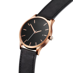 Montre-bracelet arrière en acier inoxydable minimaliste classique en cuir brun noir