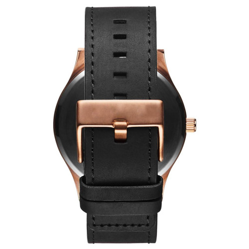 Minimalista clásico reloj de pulsera de acero inoxidable con cuero negro bronceado