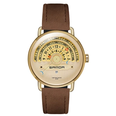 Fashion 3 ATM Waterproof Alloy Case Gueniue Leather Strap Big Turntable Dial Design Quartz Watch