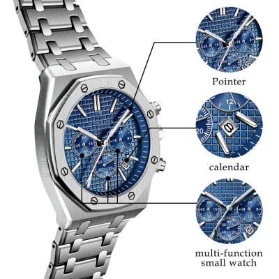 Custom Fashion Water Resistant Stainless Steel Mutli-function Quartz Movement Wrist Watches For Men