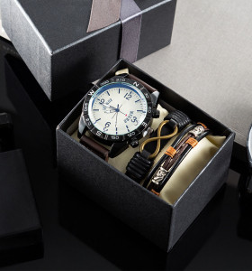 Hot sale Business Sports Casual Luxury Calendar 3 Piece Set Gift Box Cowhide Bracelet Fashion Wrist Quartz Watch For Men