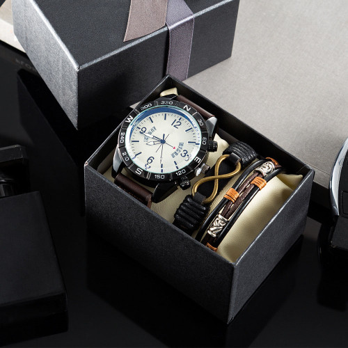 Business Sports Luxury Calendar 3 Piece Set Gift Box Cowhide Bracelet Wrist Quartz Watch For Men