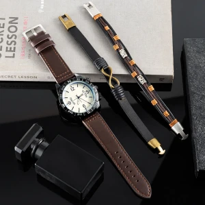 Business Sports Luxury Calendar 3 Piece Set Gift Box Cowhide Bracelet Wrist Quartz Watch For Men
