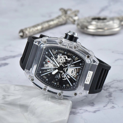 Fashion Sports Luxury High Quality Silicone strap Skeleton Dial Plastic Case Wrist Men Quartz Watch