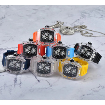 Fashion Sports Luxury High Quality Silicone strap Skeleton Dial Plastic Case Wrist Men Quartz Watch