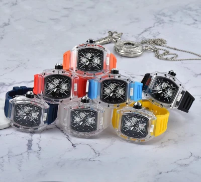 Fashion Sports Luxury High Quality Silicone strap Skeleton Dial Plastic Case Wrist Men Quartz Watch